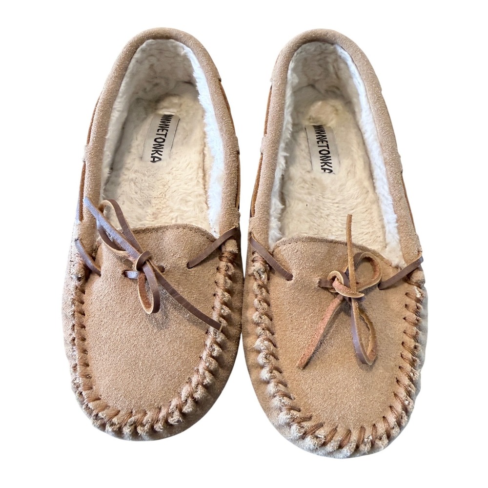 Minnetonka Cally Suede Faux Fur Lined Moccasin Slippers Tan 4052 Womens 9M